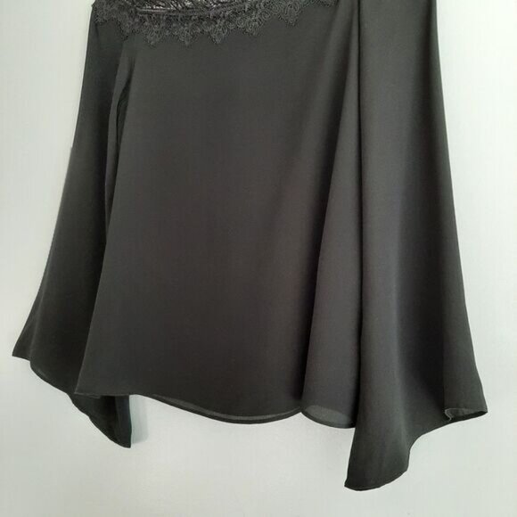 CAMI NYC / Silk Lace Trim Bell Sleeve A-Line Light Lined Blouse Top Black Sz M - Picture 6 of 14